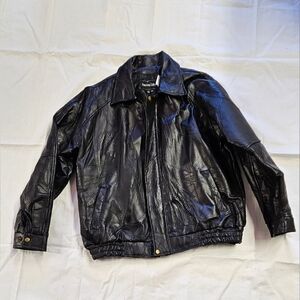 American Living Black Leather Bomber Jacket - Men's Casual Zip Front